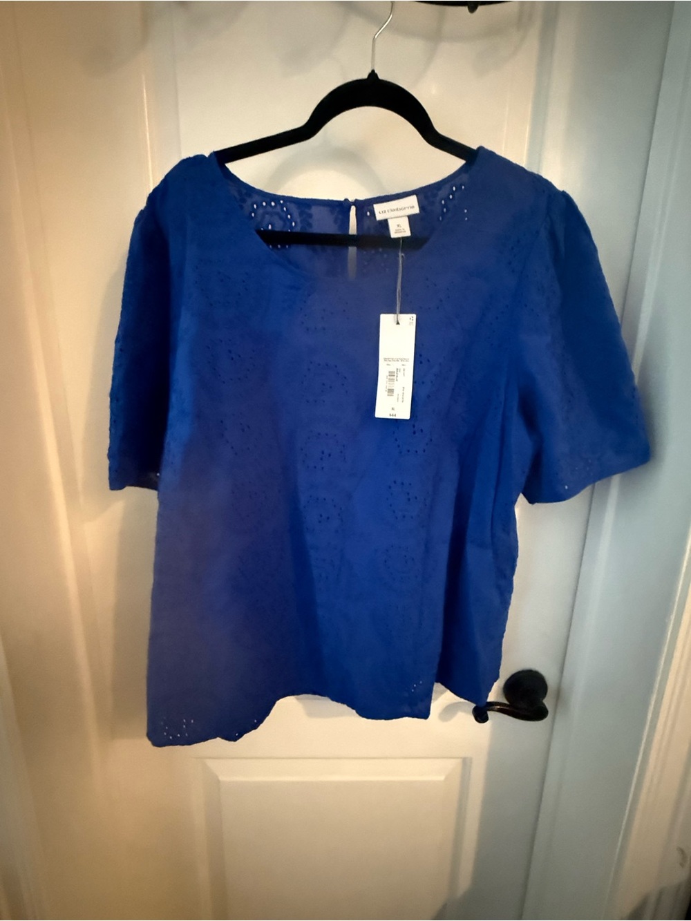 Liz Claiborne Royal Blue Eyelet Short-Sleeve Blouse 100% Cotton Size XL
